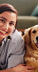 Face, woman and relax with dog in home for domestic companion, bonding and furry best friend. Affection, golden retriever and happy owner in living room for pet care, stroke canine or animal adoption