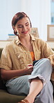 Happy, phone and woman with dog on sofa for bonding, relationship and connection on weekend. Home, online and person with cellphone, social media and pet for trust, affection and love in living room