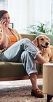 Phone call, laugh and woman on sofa with dog for communication, funny chat and relax on weekend. Home, happy and person with Golden Retriever pet for bonding, conversation and talking on cellphone