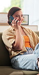 Phone call, happy and woman on sofa for talking, communication and online chat on weekend. Home, smile and person on cellphone for contact, networking and conversation for connection in living room