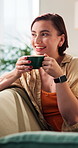 Relax, thoughtful and woman with drink on sofa for wellness, calm and peaceful on weekend morning. Home, thinking and person with coffee for reflection, inspiration and good mood in living room