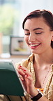 Online, happy and woman on sofa with tablet for social media, networking and connection on weekend. Smile, home and person on digital tech for internet, website and chat on app for communication