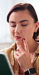 Thinking, happy and woman in home with tablet for options, decision and choice for online streaming. Smile, house and person on digital tech for internet, website and movie subscription on weekend