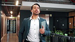 Businessman, rush and running late in office for meeting, appointment and check tablet for schedule. Employee, person hurry and time management in company with tech, calendar and urgency for work.