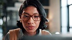 Glasses, woman and laptop with reading in office for news story review, check source or draft. Creative, editor and eyewear with tech at media agency for proofreading, editing process and publication
