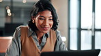 Smile, woman and laptop with reading in office for publication revision, blog approval or editing. Creative, editor and happy with tech at media agency for story angle, grammar check and submission