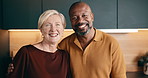 Face, laughing and happy relationship in home for comfort, funny joke or bonding together. Portrait, interracial couple or smile with hug, embrace or humor for comedy, weekend or holiday in house
