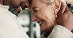 Happy, hug and couple with forehead touch in home with bonding, connection and love in marriage together. Smile, care and mature man with woman with support, trust and romance in living room at house