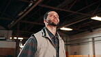 Thinking, carpenter and idea man in workshop for woodwork, manufacturing and joinery vision. Furniture factory, restoration and craftsmanship with person in warehouse for labor, timber and reflection