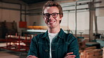 Glasses, woodwork and face of man in workshop for carpenter, manufacturing and joinery. Furniture factory, restoration and craftsmanship with person in warehouse for labor, timber and about us
