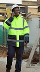 Happy, black man and engineer at site with phone call, inspection and ideas for architecture. Smile, male person or walking outdoor with mobile, quality assurance and feedback on building development
