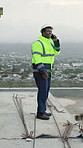 Smile, black man and engineer on rooftop with phone call, inspection and planning for architecture. Happy, male person and outdoor with mobile, quality assurance and feedback for building development