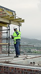 Black man, engineer and tablet at site with phone call, research and planning for architecture. Person, walk and digital on rooftop with mobile, inspection report and feedback on building development