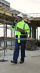 Black man, engineer and blueprint at site with phone call, inspection and planning for architecture. Smile, male person and outdoor with mobile, quality assurance and feedback on building development