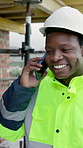 Smile, black man and engineer at site with phone call, inspection and planning for architecture. Happy, male person or walk outdoor with mobile, quality assurance and feedback on building development