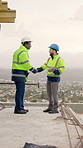 Architect, handshake and men with tablet on building site, smile and property management on website. Civil engineer, success and people with tech for construction update, shaking hands or agreement
