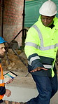 Architect, team and men with tablet screen on construction site, graphs or property development info. Civil engineer, walk and people with tech, collaboration and renovation budget on web and data