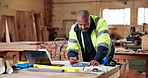 Architect, tablet or black man with blueprint in workshop for building or construction planning. Male person, contractor or civil engineer with technology for architecture development or design