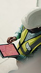 Black man, engineer and blueprint at site with tablet screen, planner and drawing for architecture. Above, mature person and digital with floor plan, sketch and information for property development