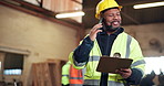 Phone call, inspection and man with clipboard in warehouse for building or planning. Manufacturing, factory and mature person with communication for workshop, safety and compliance for maintenance