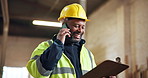 Phone call, inspection and black man with checklist in warehouse for building or planning. Manufacturing, factory and mature person with clipboard for safety, communication and compliance for project