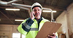 Phone call, inspection and man with clipboard in warehouse for building or planning. Manufacturing, factory and mature person with checklist for safety, communication and compliance for project