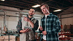 Carpenter, review and tablet with people in warehouse for woodworking, inspection and factory checklist. Meeting, manufacturing inventory and furniture joinery with men for production and team