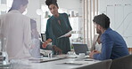 Woman, meeting and handing out paperwork for collaboration in boardroom, planning or strategy. Team leader, people and discussion with proposal, pitch preparation or documents for agenda in workplace