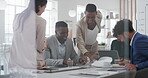 Business people, meeting and paperwork with collaboration in boardroom, planning or strategy. Team leader, happy group and discussion with proposal file, pitch or documents with agenda in workplace