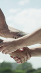 Handshake, rugby and thank you with people outdoor together for end of game or match. Respect, sportsmanship and well done with players shaking hands for competition, congratulations or tournament