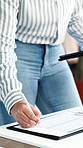 Documents, tablet and hands of woman in store for online order, ecommerce or delivery information. Paperwork, writing and female designer with digital technology for business website in boutique.