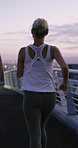 Fitness, night and friends on bridge with running, cardio or team exercise in physical activity. Back, collaboration or people in town with jog, stamina training and partner workout in evening.