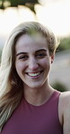 Face, fresh air and smile of woman outdoor on windy morning for break, me time or wellness. Breeze, confidence and summer with happy person in nature for character, personality or satisfaction
