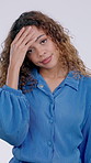 Face, fashion designer and woman with frustrated gesture in studio for small business stress. Fail, mistake and negative with creative director on white background for clothes or style startup