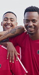Outdoor, team and face of men with sports practice, football club and support for fitness training. Portrait, happy people and soccer players with laugh for contest, joke and collaboration for game