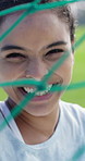 Pride, face or woman on soccer field with net, fitness hobby and practice in weekend match. Sports, portrait or player outdoor with smile, football training or confidence in athletic competition.