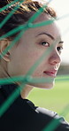 Fitness, thinking and woman by net for sport, training break and planning for soccer practice routine. Game reflection, rest and goalkeeper with idea for defense, technique visualization and field