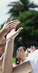 Sports, line up or team on field with high five, victory win or celebration applause in weekend match. Fitness, solidarity or players with clap, tournament success or score achievement in competition