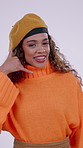 Face, fashion designer and woman with call me gesture in studio as small business retailer. Communication, laughing and wink with creative director on white background for clothes or style startup