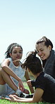 Smile, friends and women on soccer field for fitness, discussion and practice break from match. Happy, people and football at park with conversation, team bonding and communication for sports contest