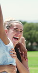 Applause, team and women with hug on field, cheering and celebration for sports tournament success. Winning, clapping and excited people with embrace for match goal, support and happy for competition