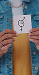 Gender equality, hands and woman in office for protest on justice, salary increase or fair income. Feminism sign, symbol and female person with paper for opportunity with human rights i workplace.