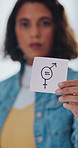 Gender equality, paper and woman in office for protest on justice, salary increase or fair income. Feminism sign, symbol and female person with card for opportunity with human rights i workplace.
