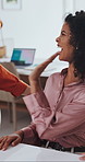 Happy, laptop and businesswoman with high five in office for good news, job promotion or goal. Fist bump, computer and female creative designer with team for bonus, achievement or target in workplace