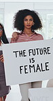 Face, staff and feminism poster in office for empowerment, leadership shift or company equity. Future equality, serious women and advocacy sign at work for female rights, social change and activism