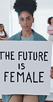 Woman, face and poster in office for empowerment, confidence or group affirmation for creative business. Timelapse, female people and feminist sign at workplace for equality, revolution or inclusion.