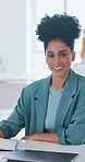 Face, woman and smile in office with notebook, creative career and pride for public relations job. Coworking, happy person and publicist in workplace with diary, confidence or about us for PR agency.