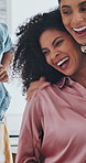 People, hug and high five in office with laptop, teamwork or well done for creative business award. Excited, women and embrace in agency with computer, celebration or announcement for company success