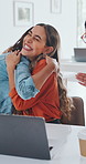 Women, hug and high five in office with laptop, applause or congratulations for job promotion success. Happy, people and embrace in business with computer, well done and clap for career development.