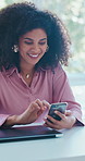 Happy, woman and scroll in office with phone, email notification and good news for press release. Person, smile and typing in creative agency with tech, public relations and online brand management.